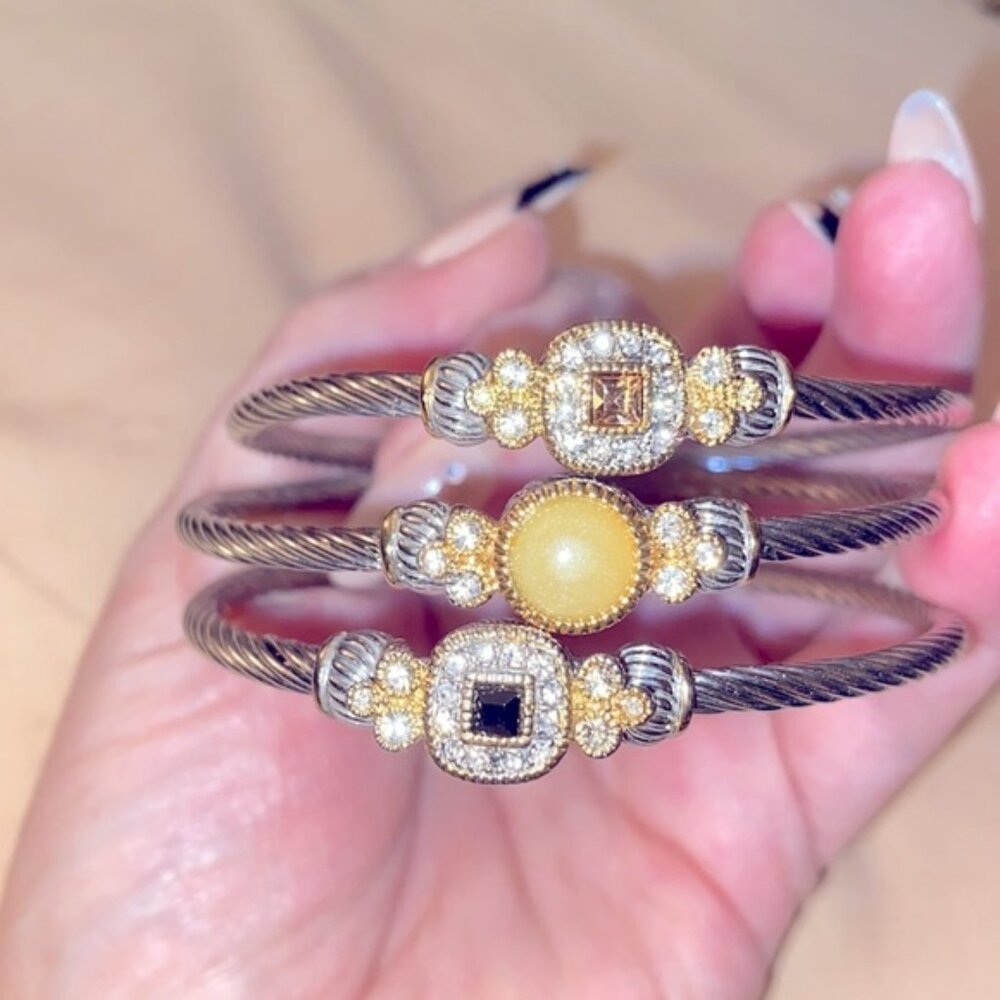 Amazing Set Of 3 Stainless Steel Twist Cable Bracelets Faceted W Stones